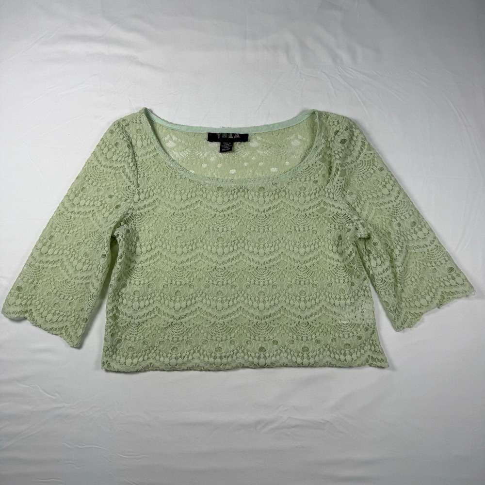 Tela Lace Green Top XS 3/4 Sleeve Cropped Elegant Sheer‎ Layering Blouse